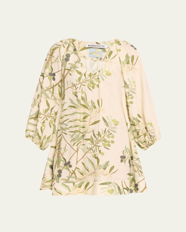 Flowy Puff-Sleeve Printed Linen Mini Dress